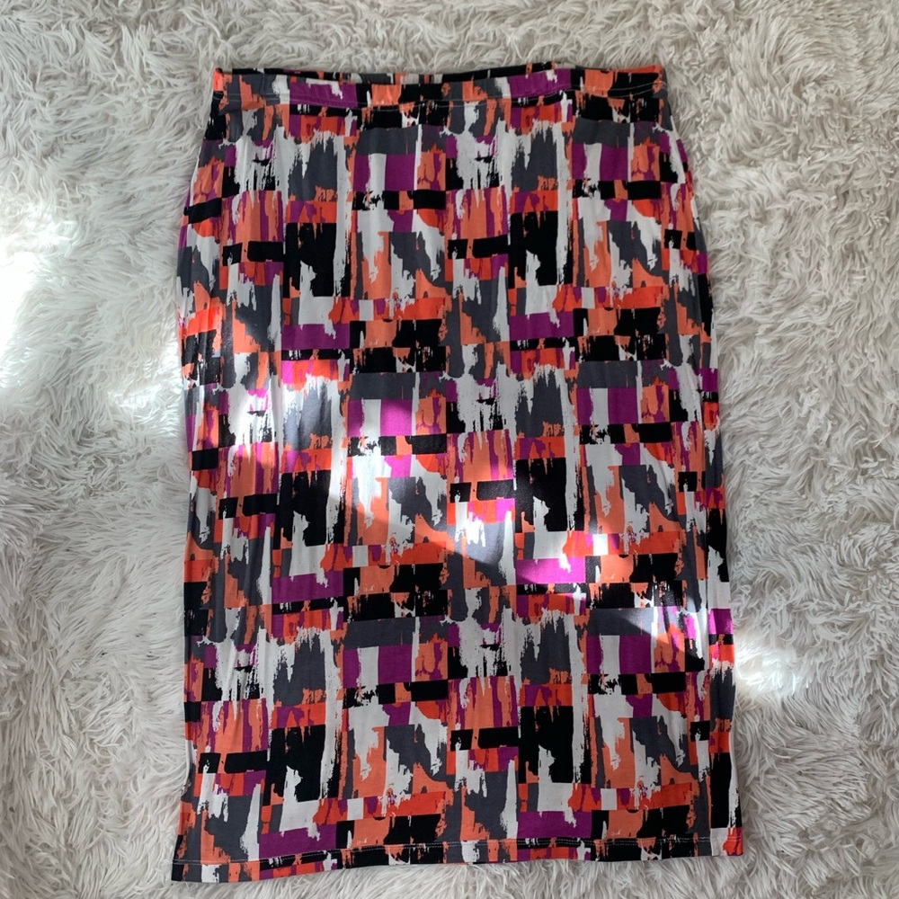Cato Vibrant Abstract Pencil Skirt - Orange, Purple, Black